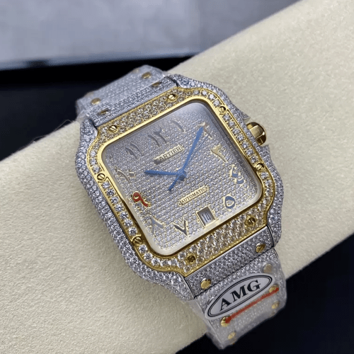 AMG공장 까르띠에 산토스 레인보우 골드 아랍 다이얼 옐로우 골드 콤비 버스트 다운 40mm