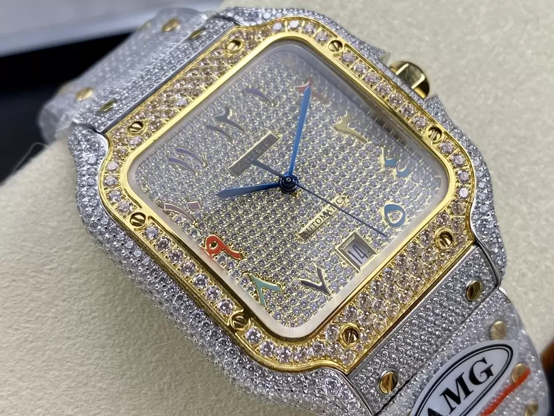 AMG공장 까르띠에 산토스 레인보우 골드 아랍 다이얼 옐로우 골드 콤비 버스트 다운 40mm