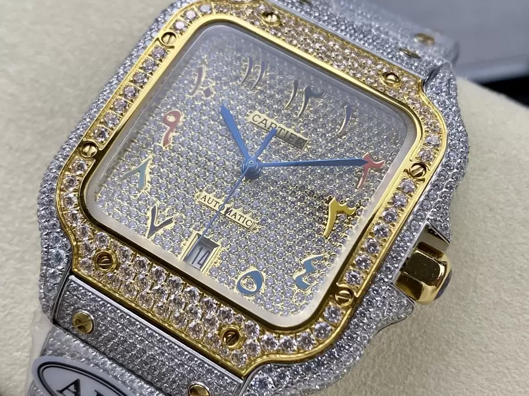 AMG공장 까르띠에 산토스 레인보우 골드 아랍 다이얼 옐로우 골드 콤비 버스트 다운 40mm