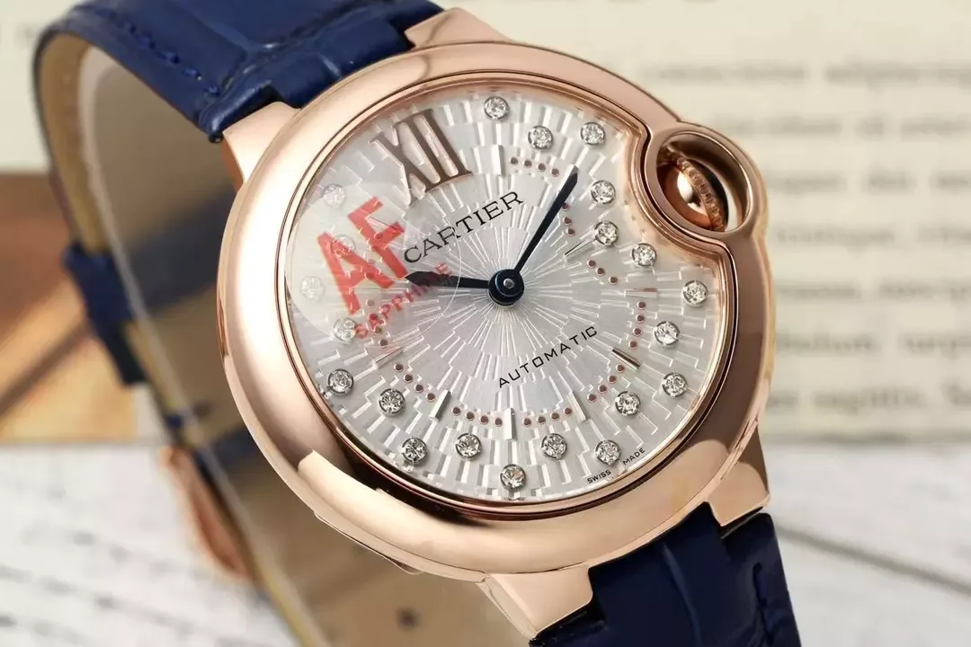 AF공장 까르띠에 발롱 브루 드 로즈골드 다이아 베젤 / 블루 가죽밴드 33mm