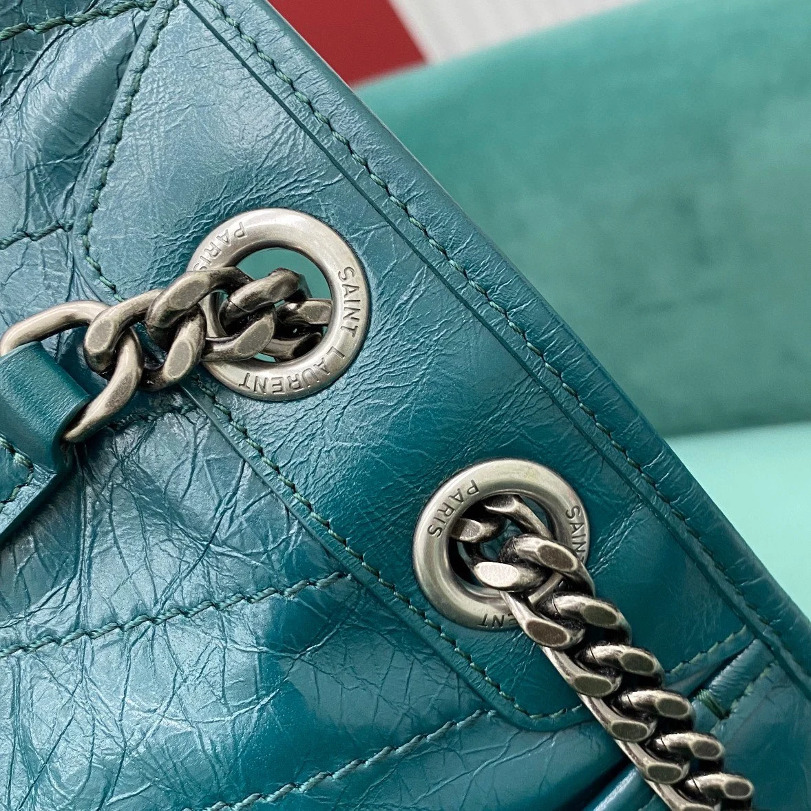 공장 생로랑 여성 니키 미디움 체인 숄더백 다크그린 498894