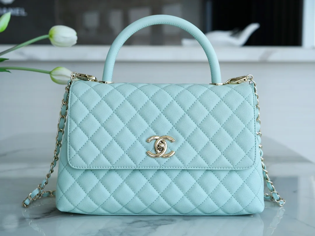 팬더샵 샤넬 23P 코코 핸들 탑 핸들백 미디움 티파니 블루 금장