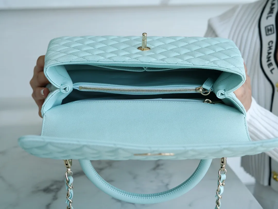 팬더샵 샤넬 23P 코코 핸들 탑 핸들백 미디움 티파니 블루 금장