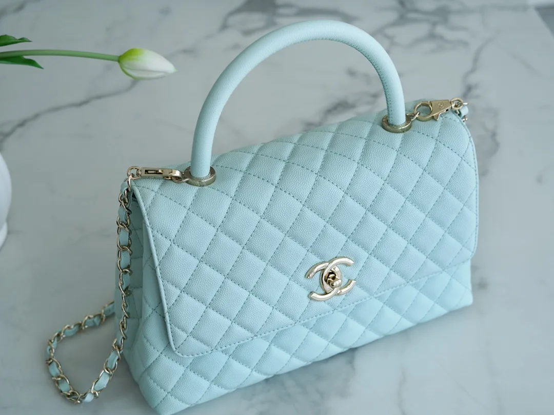 팬더샵 샤넬 23P 코코 핸들 탑 핸들백 미디움 티파니 블루 금장