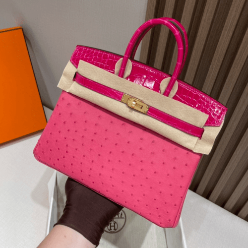 반수공 에르메스 버킨백 25 핑크 금장 타조가죽 샤이니 악어가죽 핸들