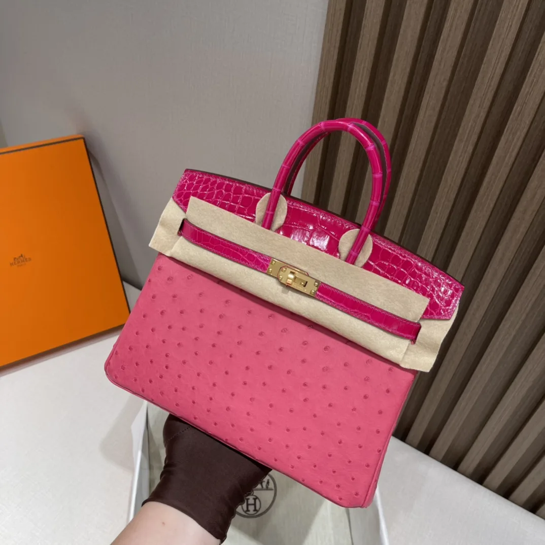 반수공 에르메스 버킨백 25 핑크 금장 타조가죽 샤이니 악어가죽 핸들