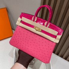 반수공 에르메스 버킨백 25 핑크 금장 타조가죽 샤이니 악어가죽 핸들