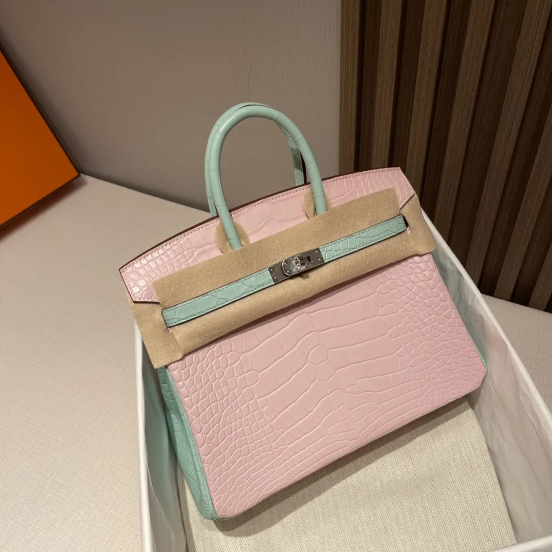 반수공 에르메스 버킨백 25 핑크 민트그린 은장 악어가죽