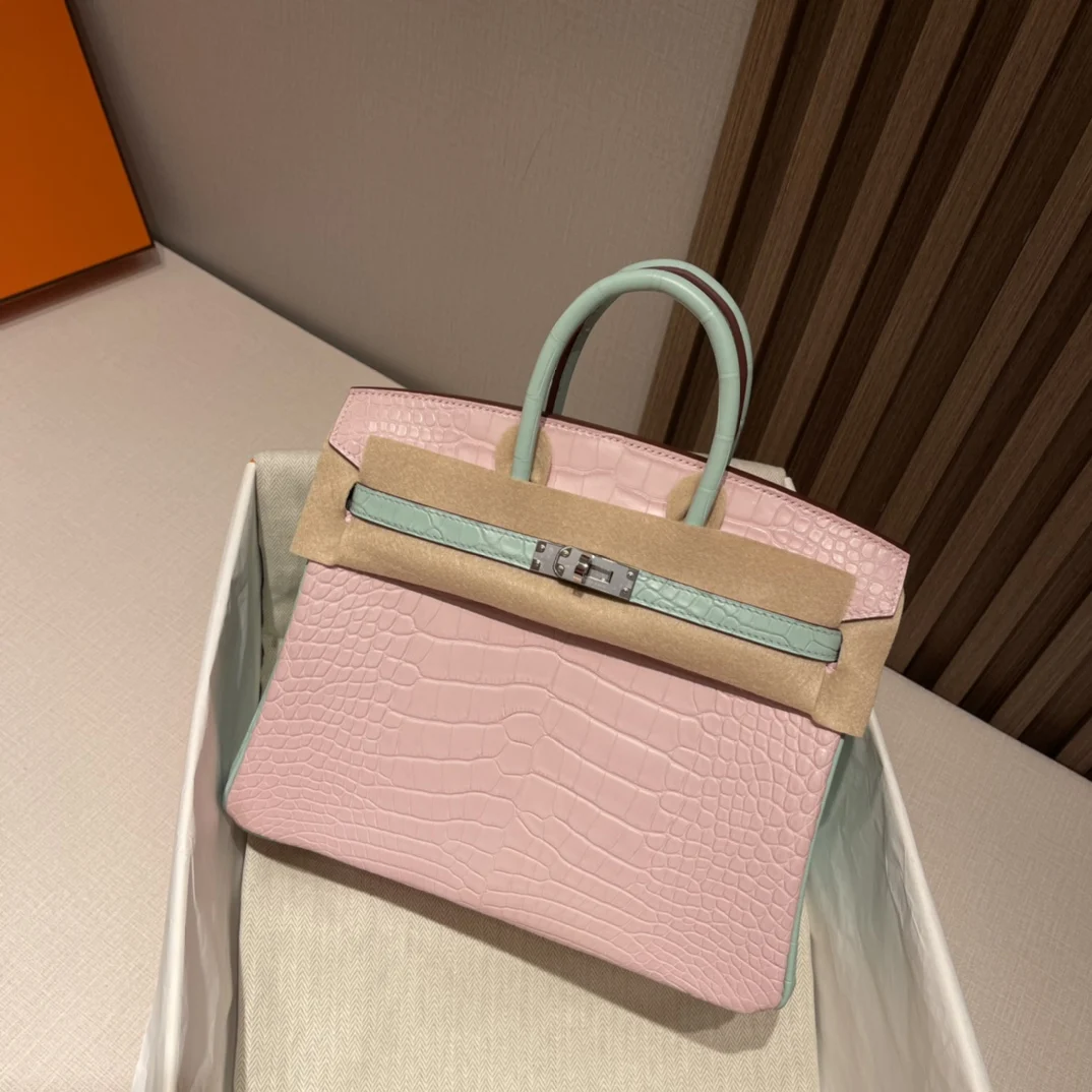 반수공 에르메스 버킨백 25 핑크 민트그린 은장 악어가죽