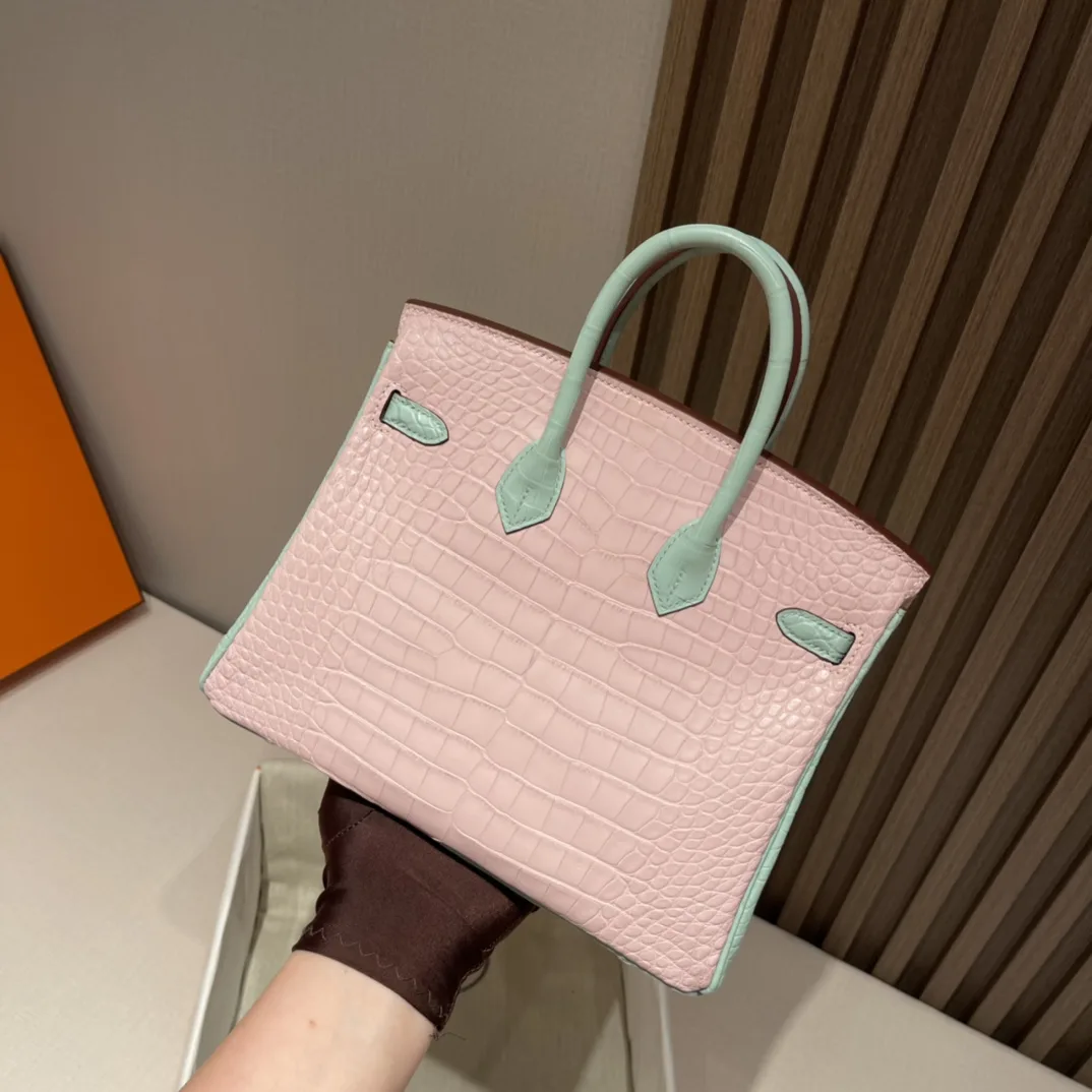 반수공 에르메스 버킨백 25 핑크 민트그린 은장 악어가죽