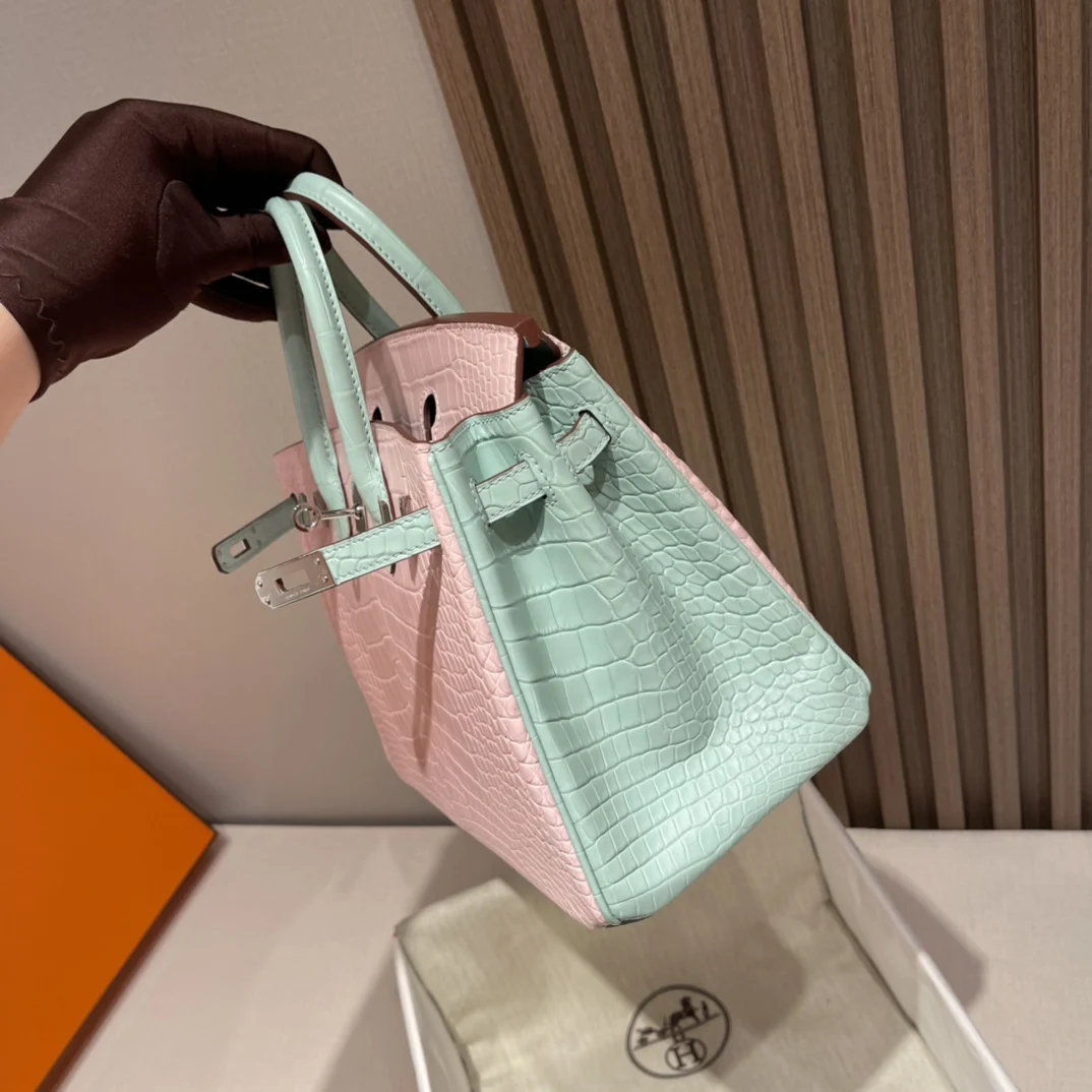 반수공 에르메스 버킨백 25 핑크 민트그린 은장 악어가죽