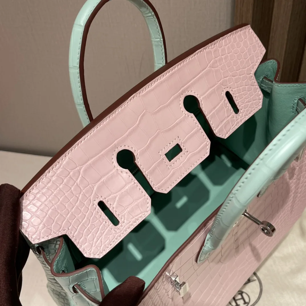 반수공 에르메스 버킨백 25 핑크 민트그린 은장 악어가죽