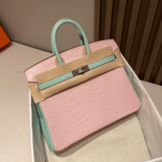 반수공 에르메스 버킨백 25 핑크 민트그린 은장 악어가죽