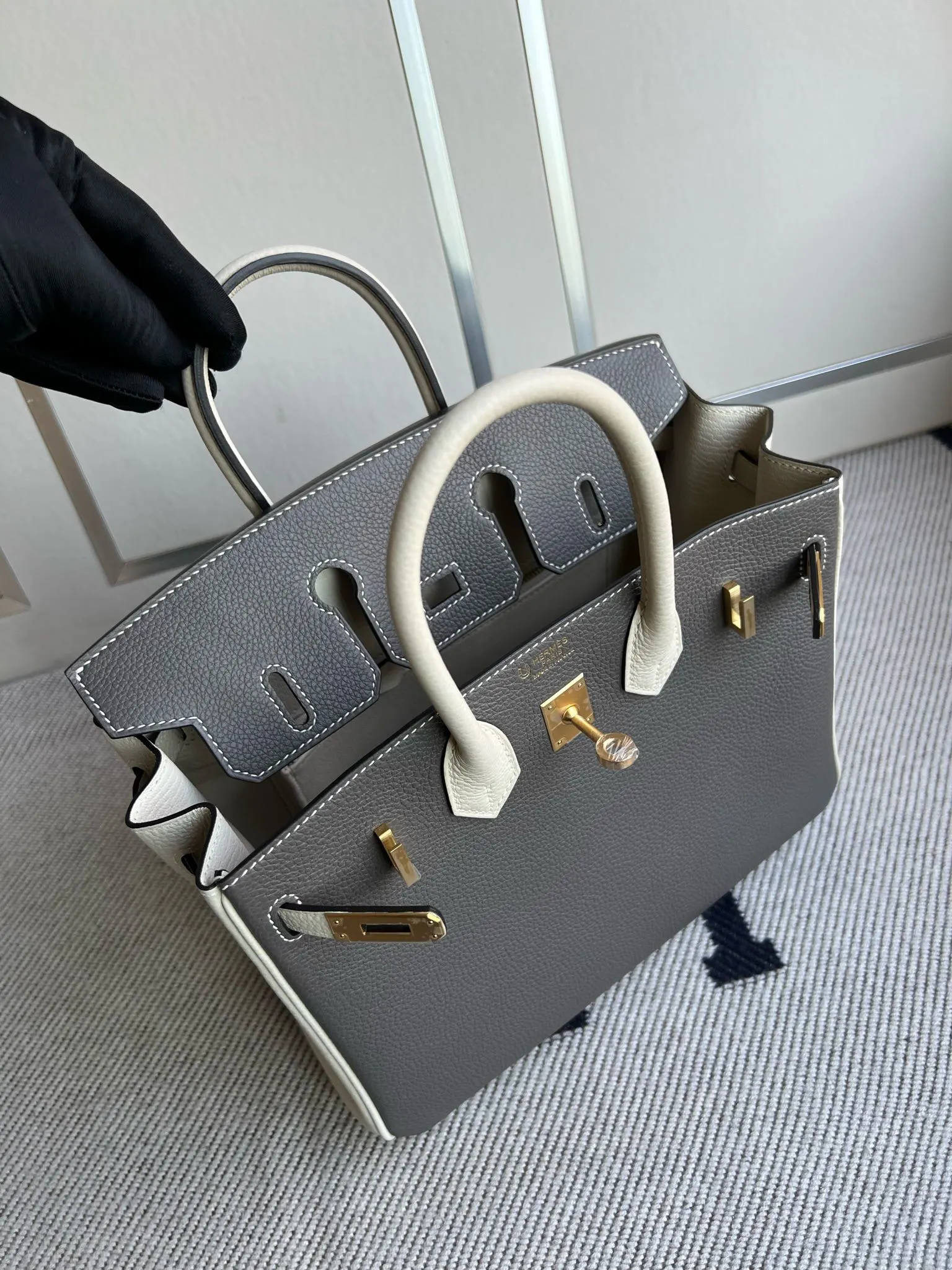 반수공 에르메스 버킨백 25 그레이 화이트 금장 엡송